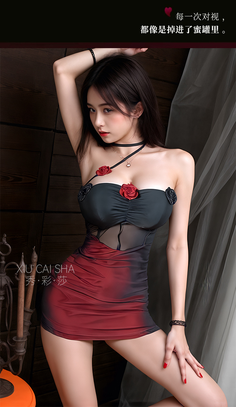 Xiucaisha See-Through Mesh Babydoll Set with Chest Pads, Thong and Open-Crotch Stockings — detail image 5