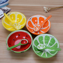 碗創意卡通可愛西瓜橙子檸檬陶瓷兒童碗勺餐具家用水果套裝餐盤