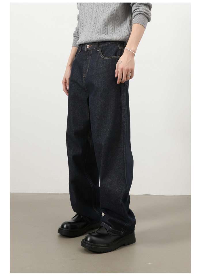 Quần jeans nam ống rộng dáng suông phong cách Mỹ, jean bò nguyên bản, lưng giữa, túi khóa kéo — Denim đen, Trắng, lâu, màu xanh chi tiết 19