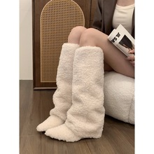 小众坡跟加绒毛毛棉鞋长筒长靴子女2025新款秋冬季尖头中筒骑士靴