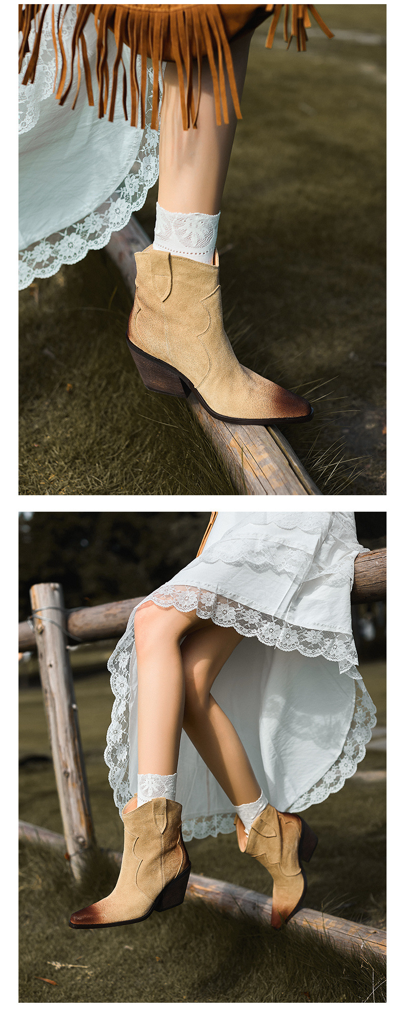 Boot cao bồi nữ da lộn mũi nhọn gót thô cổ thấp — Lớp lót nhung màu kaki chi tiết 11