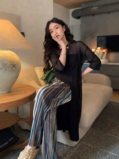 复古小众系列休闲条纹阔腿裤女夏季薄款垂感直筒拖地裤子设计感潮