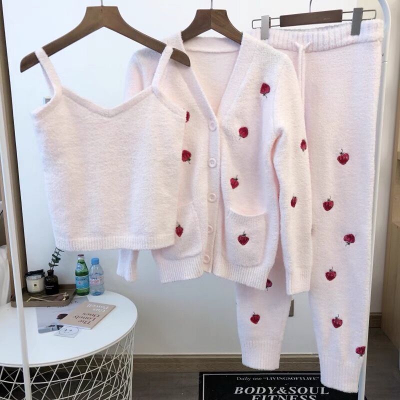 Japanese Style Soft Pajamas Women's Autumn and Winter Coral Velvet Warm Embroidered Strawberry Moon Dress Vest Cardigan Three-Piece Set