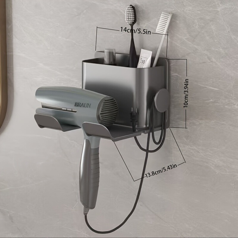 Premium Hair Dryer Holder, No-Drill Wall-Mounted Hair Dryer Stand, Bathroom Shelf for Toothpaste and Comb