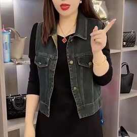 复古牛仔马甲女春夏秋新款韩版宽松显翻领无袖背心马夹外套上衣