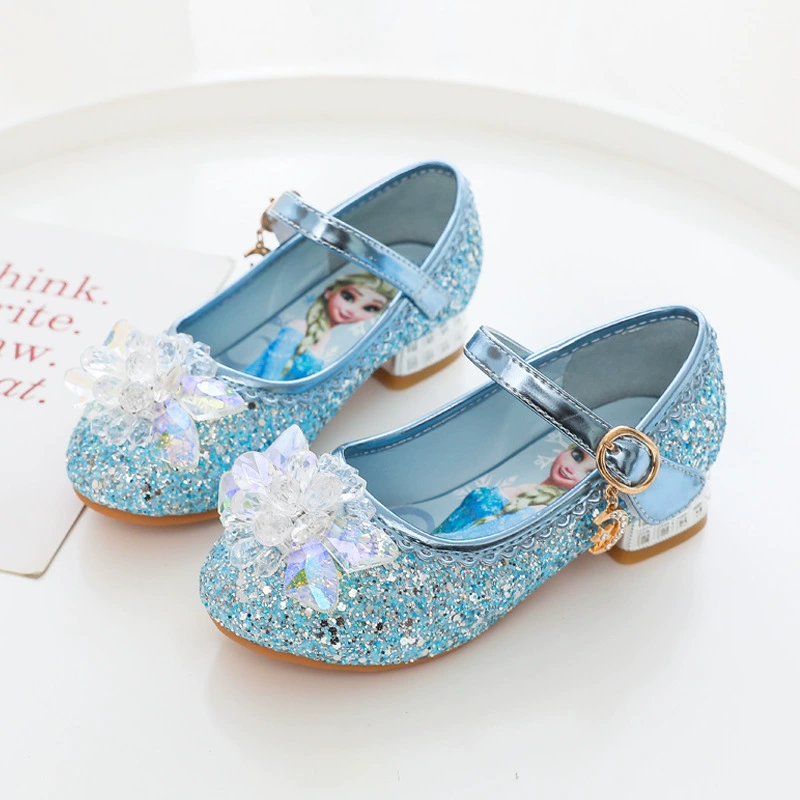 Весенне-осенние детские туфли на каблуке с кристаллами 2025 года, туфли Эльзы для девочек, детские туфли для маленьких девочек, кожаные туфли для малышей