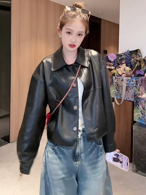 Street Style Loose Black Handsome Pu Leather Jacket 2025 Spring New Lace Splicing Denim Jacket for Women