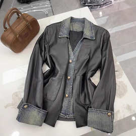 今年流行爆款小香风黑色牛仔拼接假两件皮衣外套女秋2025新款冬季