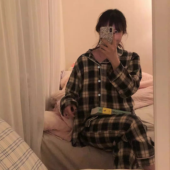 Ins Japanese Casual Pajamas Women's Autumn Thin Girl Home Comfortable Plaid Lapel Cardigan Two-Piece Set Wholesale