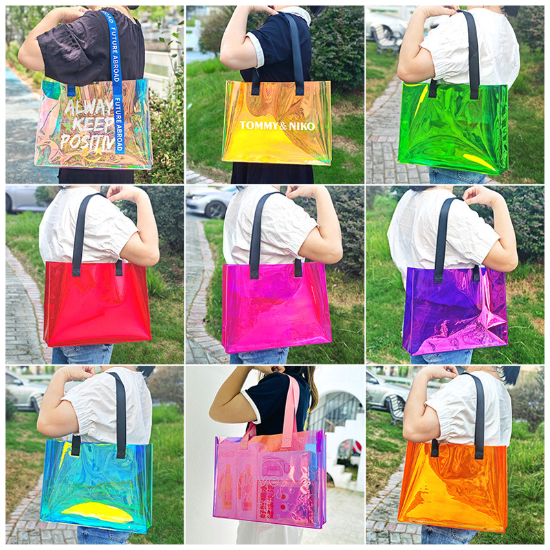 亚马逊PVC镭射袋沙滩袋化妆品手提袋防水果冻包跨境热销塑料袋
