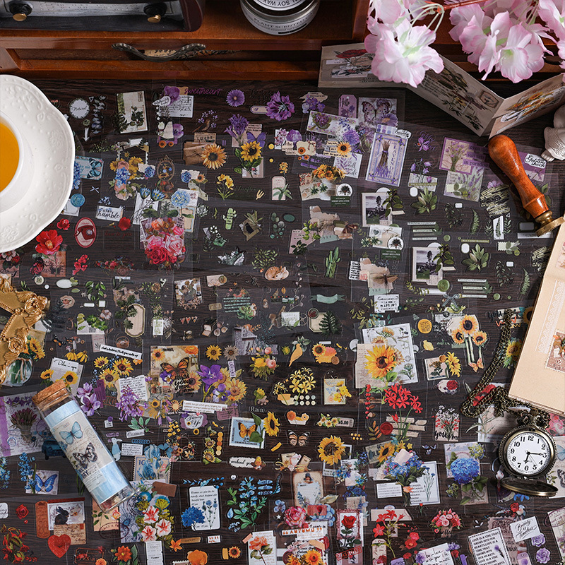 Cuatro estaciones de amor serie transparente pegatinas impermeables para mascotas diy pegatinas florales retro pegatinas de plantas de escritura decoración