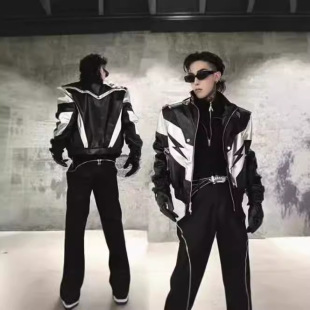 American Retro Couple Clothing Stitching Contrast Color Biker Clothing Leather Clothing Men's and Women's Korean-style BF Loose Handsome Jacket Coat Trendy