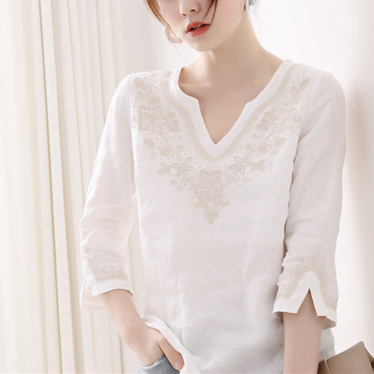 Pure Cotton T-Shirt Summer Handmade Heavy Floral Embroidery Loose Mid-Length Curved Collar 7/8 Sleeve Blouse