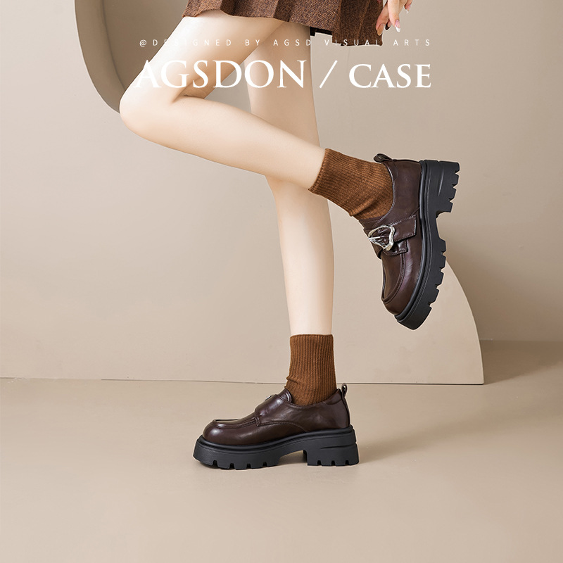 Zapatos de Lefour marrón grueso para mujeres 2025 nuevo muffin de otoño estilo británico con faldas zapatos de cuero pequeños