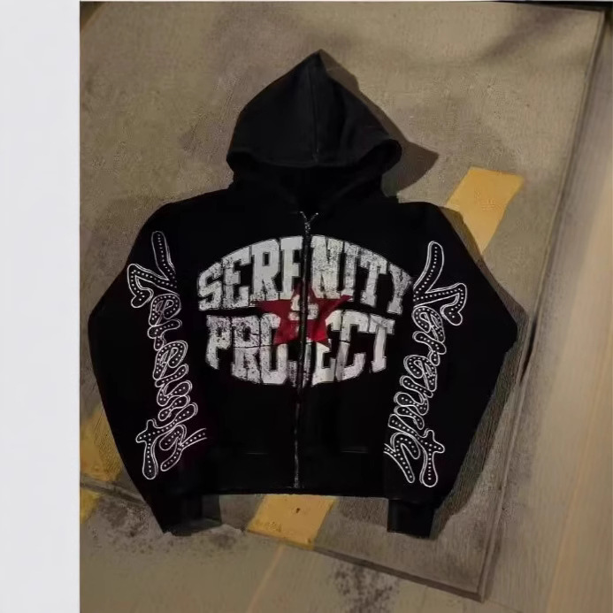 Men's Clothing New Graffiti Letters Zipper Cardigan Hooded Sweatshirt Women Spring And Autumn Thin American Lazy Style Short Jacket_viptrois.com