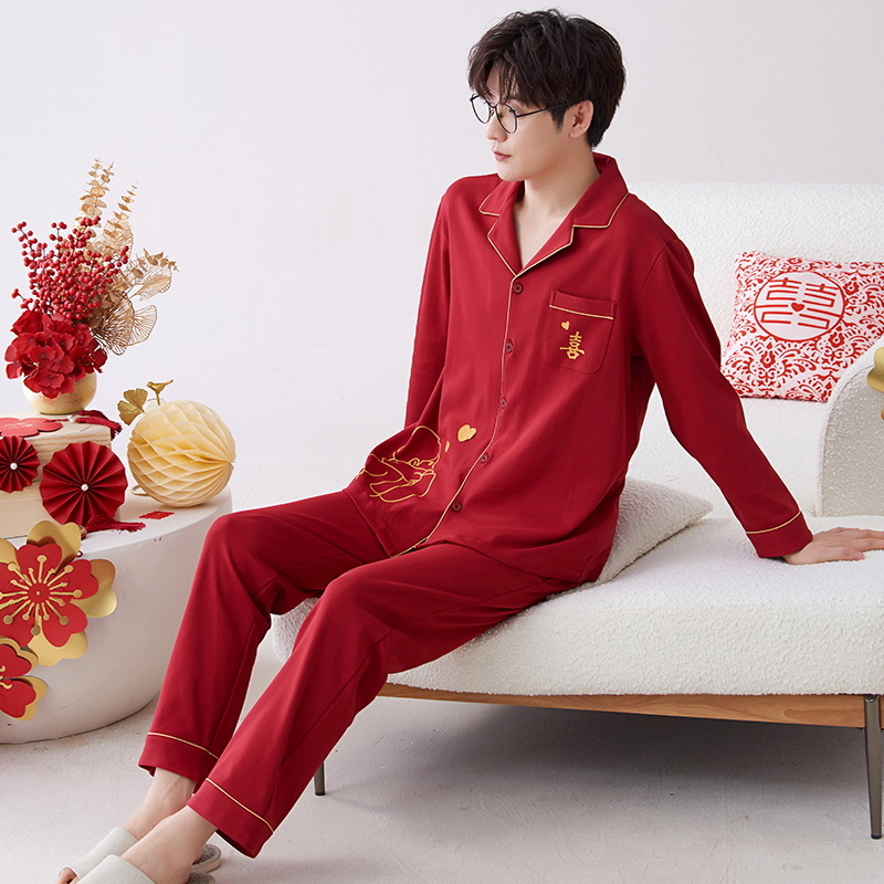 Pijamas hombres primavera y otoño algodón manga larga rojo brillante año animal algodón fino otoño primavera y verano ropa para el hogar