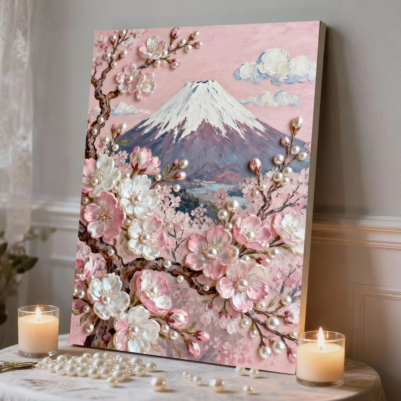N34-sakura mount fuji / Comes with glue [30* 40cm nailed solid wood inner frame] + pearls + dotting pen + diamond plate + jelly glue