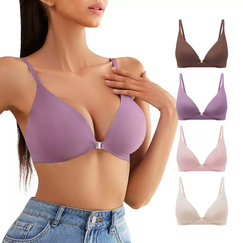 跨境大码性感无痕内衣女性薄款舒适聚拢调整型女士前搭扣美背文胸
