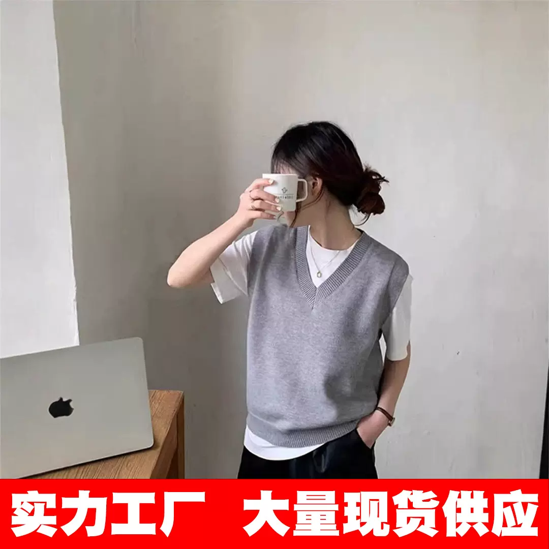 包芯纱面料 2025春秋款叠穿新款宽松复古针织毛衣马甲女背心外套