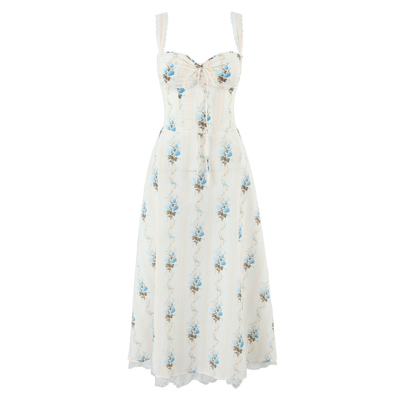 7528-25 Summer New French Elegant Cotton Printed Fishbone Tight Waist Strap Dress Tank Dress dress 7528-25 Summer New French Elegant Cotton Printed Fishbone Tight Waist Strap Dress Tank Dress dress