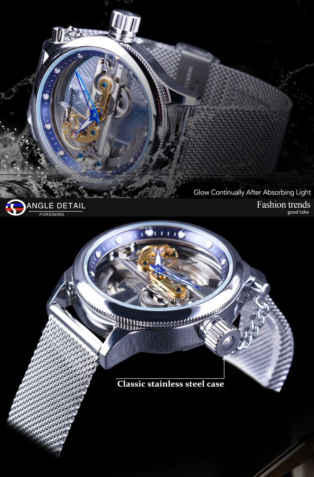 Forsining Men's Transparent One Machine Mechanical Watch Automatic Mesh Belt Hollow Stainless Steel Waterproof Watch_voghion.com