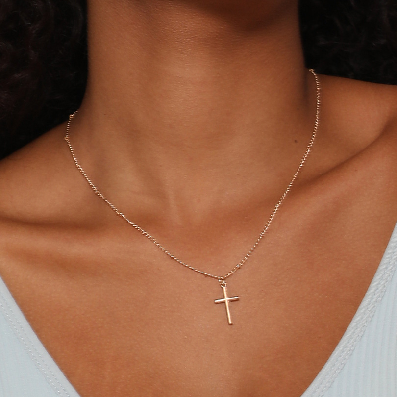 tendenza moda donna vero oro elettroplaccato clavicola catena semplice perlina di rame collana pendente croce_voghion.com