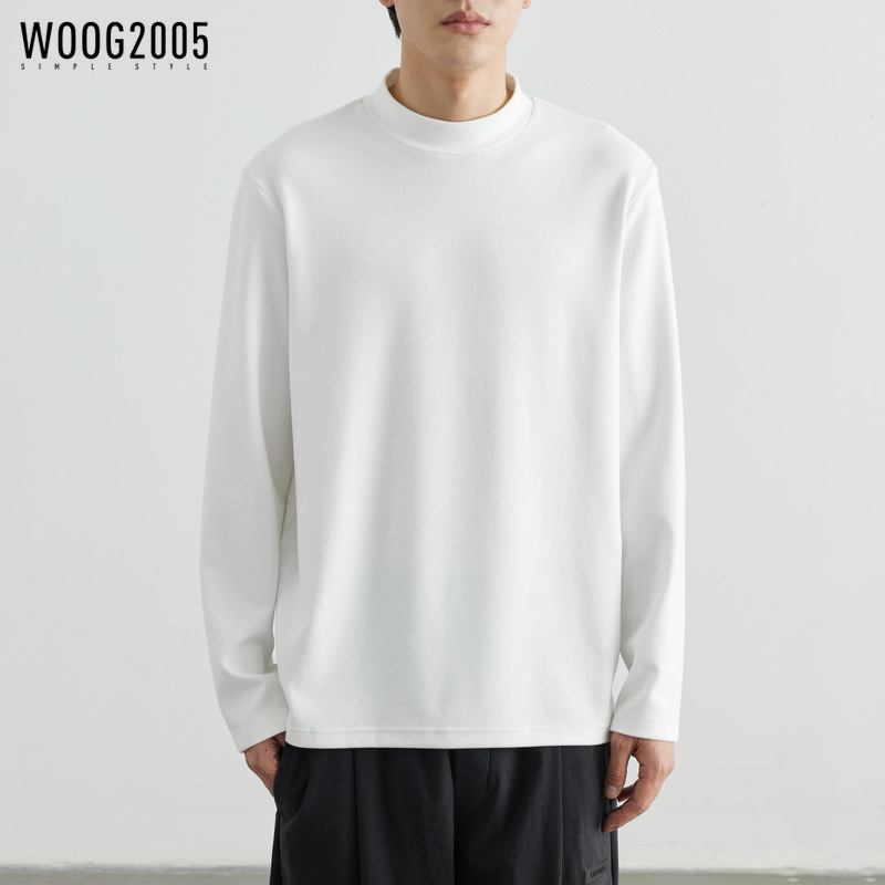 양면 벨벳 부드러운 피부 친화적 인 세미 하이 칼라 티셔츠 남성용 2024 년 봄과 가을 단색 미드 칼라 긴 소매 티셔츠베이스 셔츠