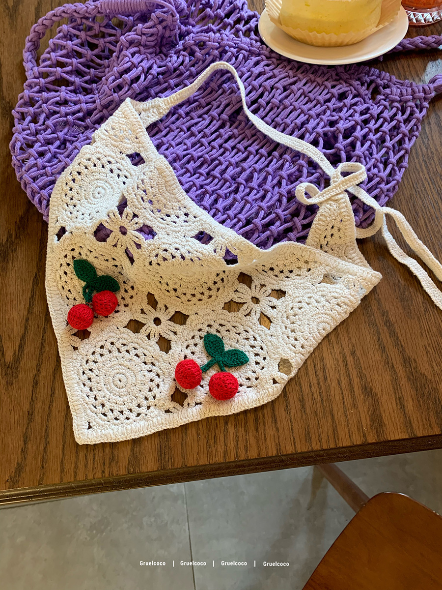 Coreano ins dulce dulce cereza hueco toallas triangulares tejidas a mano bufandas de seda para mujeres 2024 nuevo pañuelo