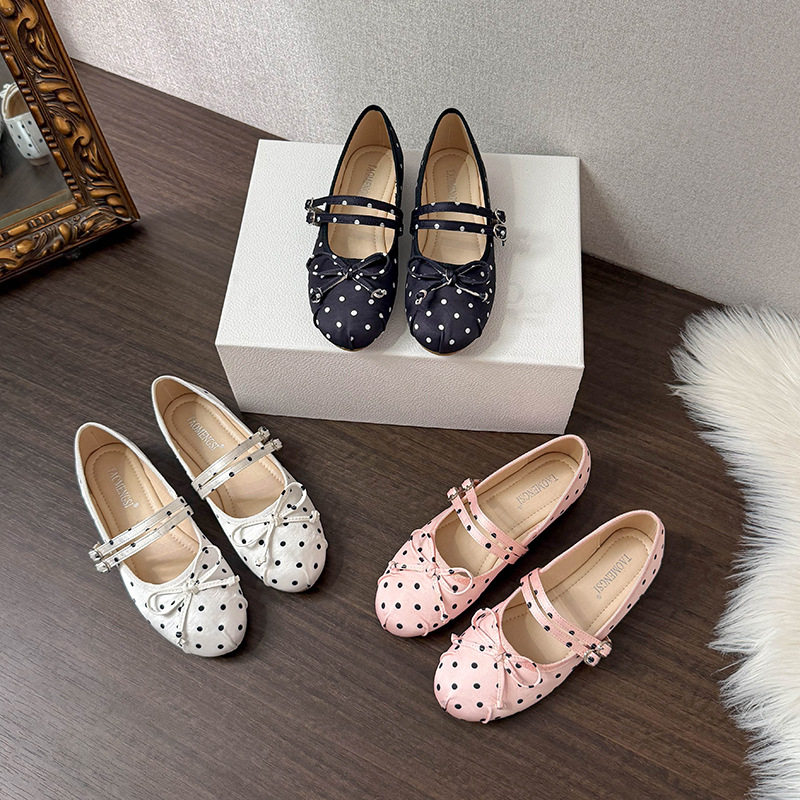 Giày búp bê Mary Jane nữ mũi tròn chất liệu satin chấm bi thắt nơ, đế bằng gót thấp — Màu hồng, Màu trắng, màu đen