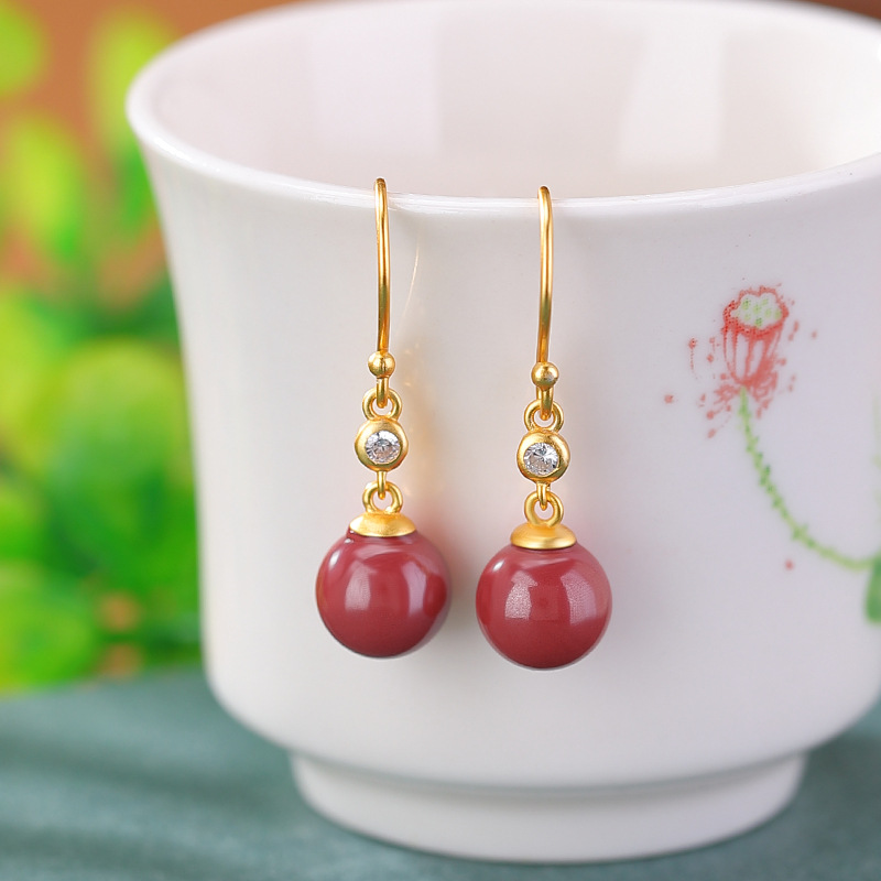 Bông tai móc bạc S925 hạt tròn Cinnabar phong cách cổ điển Trung Hoa — Một cặp