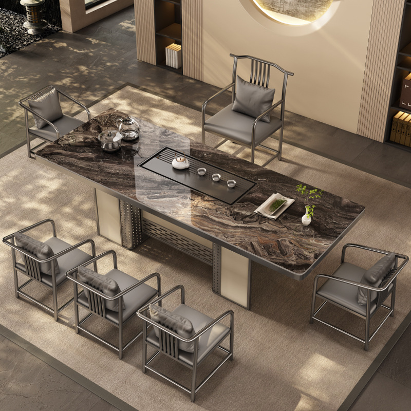 高端岩板茶台桌高级感烧水壶一体轻奢现代办公室大板泡茶桌椅组合