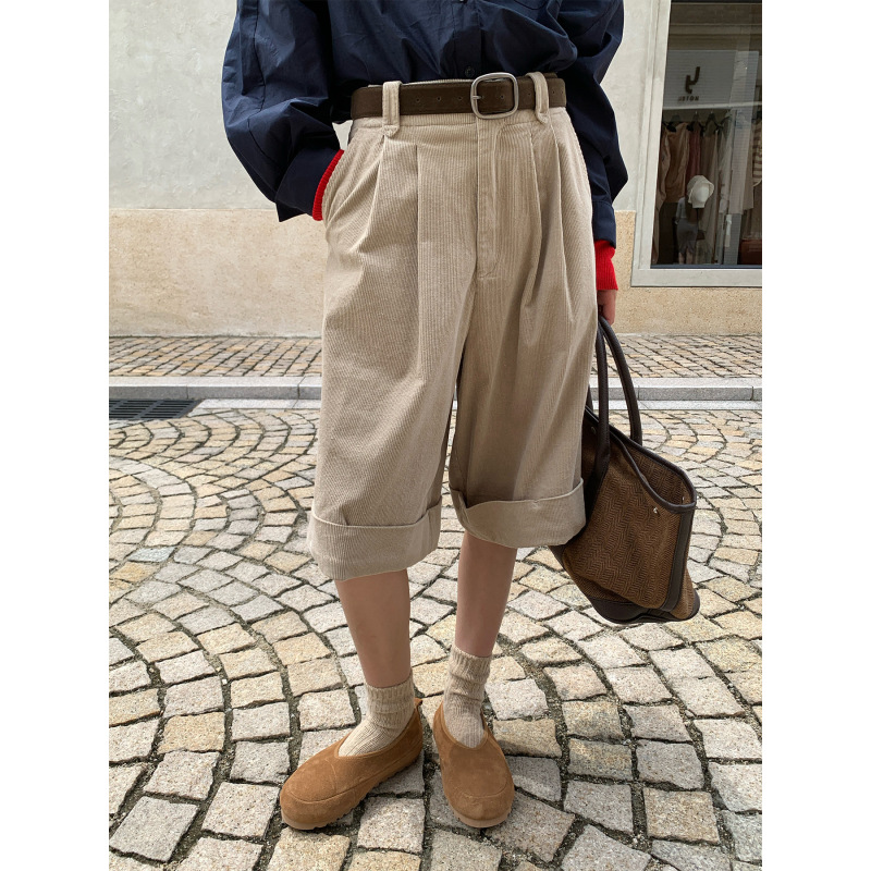 [Special Offer, No Refunds or Exchanges] Original 156 Neihe Corduroy Rolled-Edge Straight-Leg Shorts 257336