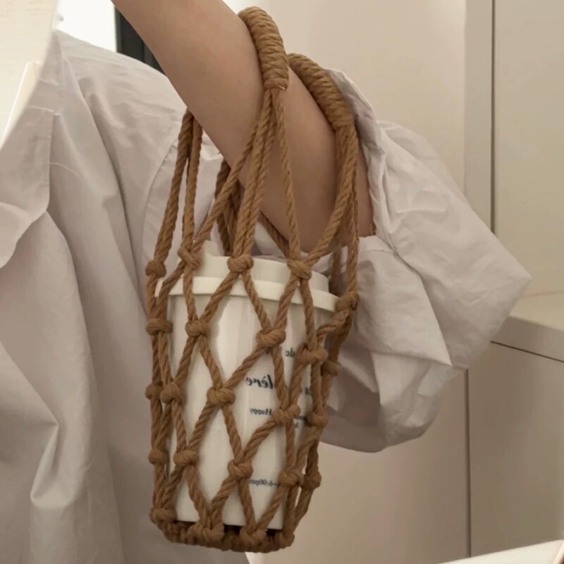 Water Cup Net Bag, Purely Hand-Woven Cup Cover, Outdoor Leisure Hand-Held Water Cup Net Bag, Milk Tea Coffee Cup Cover