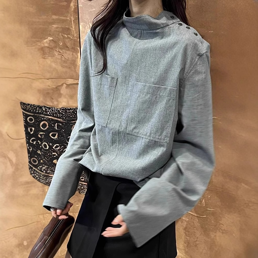 早秋新款冷淡系别致法式立领设计感小众洋气时髦长袖衬衫上衣女装