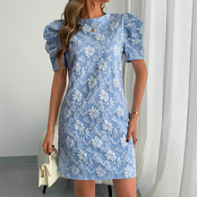 欧美跨境2025夏季新款女士泡泡袖纹理提花圆领复古风格连衣裙现货