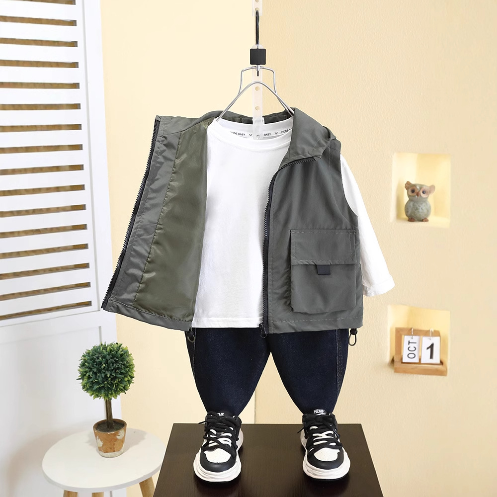 7527 Chaleco para niños Primavera para niños Chaqueta sin mangas con capucha delgada 2025 Nuevo estilo de primavera y otoño Tops casuales Trendy