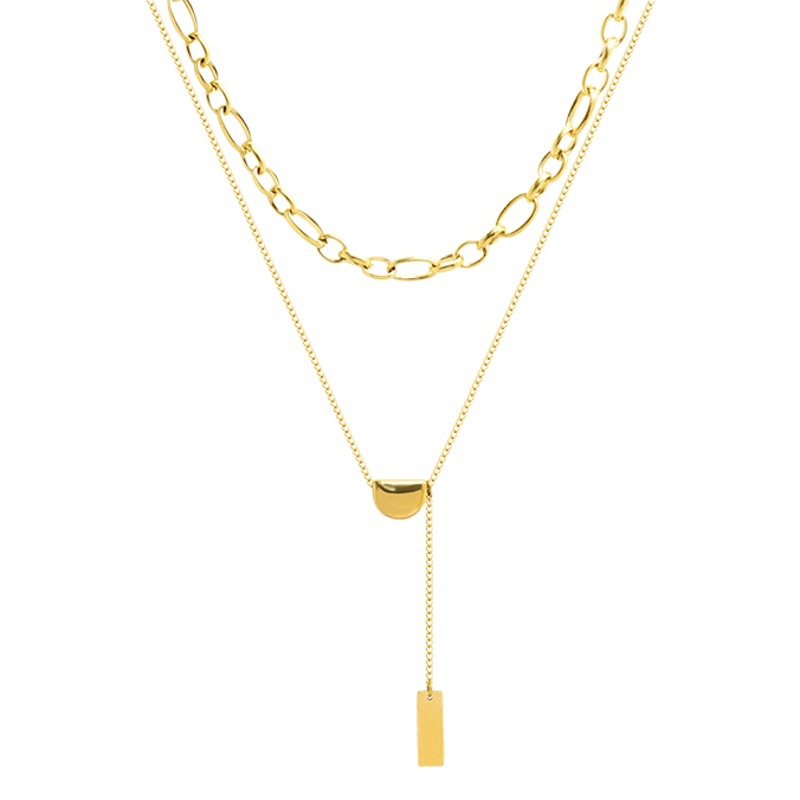 Europa y América ins estilo simple de acero de titanio collar de múltiples capas de frijol de oro de doble capa de borla apilada marca cuadrada cadena de clavícula chapada en oro P864