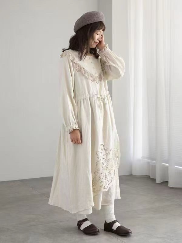 日系sm 2全麻重工丸襟森系レース女性ワンピース胸囲120センチ衣長119センチ|undefined