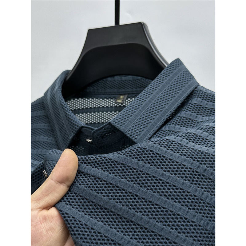 Hollow Ice Silk Mesh Breathable Short-Sleeved Men's Lapel 2025 Summer Middle-Aged Men's Seamless Quick-Drying Polo Shirt Trend