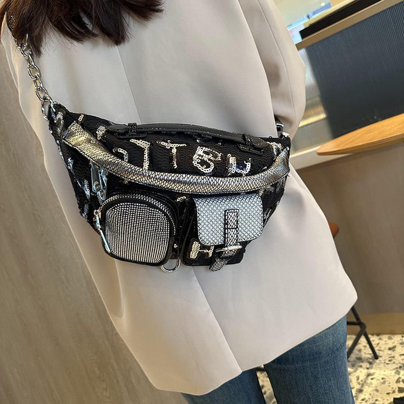 Sequin Bag Women's 2025 New Fashion Ins Chest Bag Genuine Leather Crossbody Bag Casual Dumpling Bag Sports Waist Bag Trendy