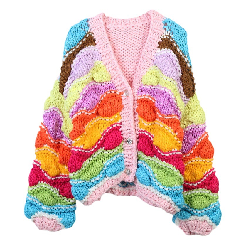 Rebeca de suéter retro europeo y americano 2023 otoño e invierno nuevo color de mujer con cuello en V manga larga suelta gruesa aguja de punto cardigan