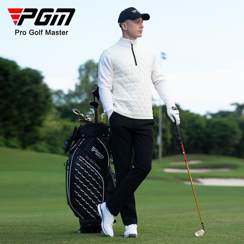 Áo len golf nam cổ đứng có khóa kéo, vải chần bông giữ ấm — YF654-Áo trắng [chần bông], YF654-Áo đen [chần bông]