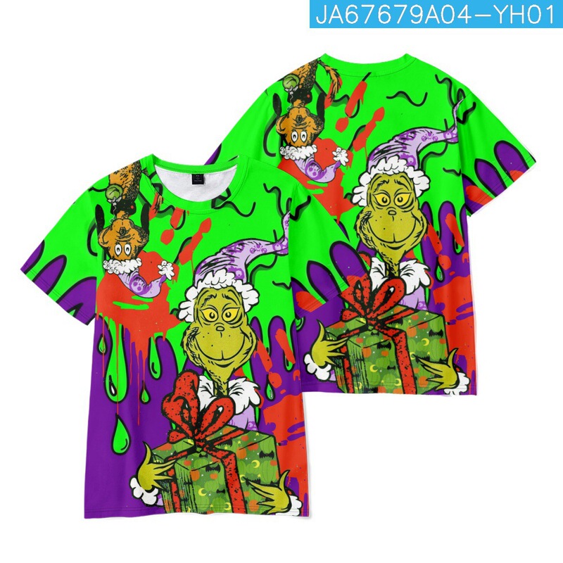 2024 Cross-border New Halloween Green Hair Monster 3D Digital Printing Casual Loose Short-sleeved Grinch T-shirt