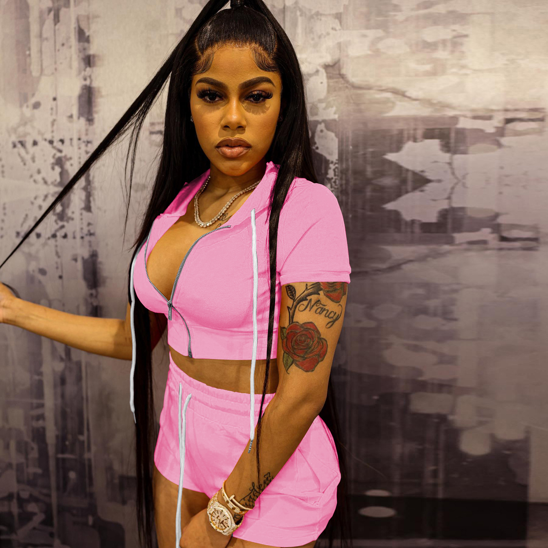 Conjunto de dos piezas con capucha, top corto y cremallera de color liso y cárdigan con cremallera para mujer