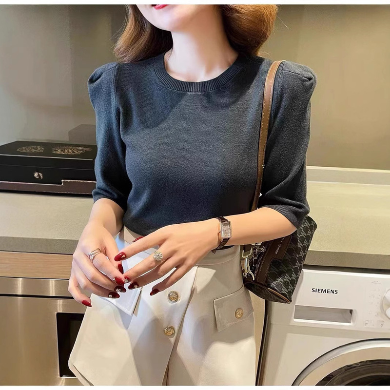 Puff Sleeve Padded Shoulder Half-Sleeve Knit Sweater for Women, New Pullover Style, Simple Commuter Base Shirt, Right-Angle Shoulder Top for Layering