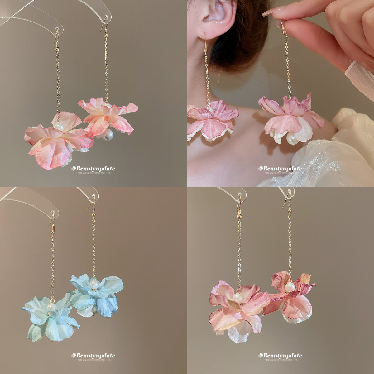 Pendientes de borla de perlas de flores de tela, lujo ligero, estilo de vacaciones junto al mar, diseño único, pendiente de gancho para la oreja, mujer