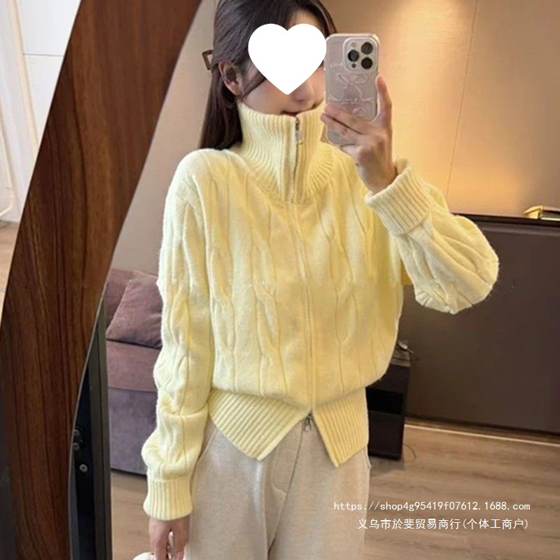 Double-zip high-neck cable knit cardigan for women, autumn and winter, super flattering French style, creamy yellow sweater coat