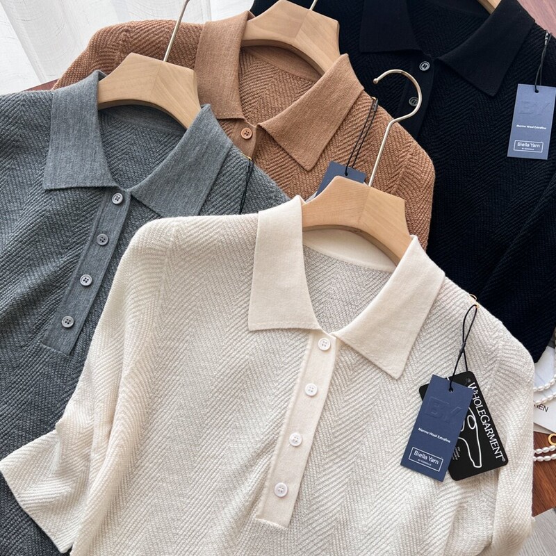 Yangzi Yarn Fine-Spun 100% Merino Fine Wool Herringbone Polo Collar Knitted Short-Sleeve T-Shirt Base Shirt for Women, Slim Fit, Trendy Yangzi Yarn Fine-Spun 100% Merino Fine Wool Herringbone Polo Collar Knitted Short-Sleeve T-Shirt Base Shirt for Women, Slim Fit, Trendy