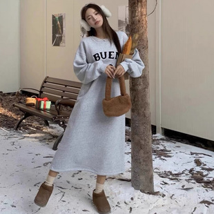 202465 Fish Scale Pocket Spring and Autumn plus size 200 Jin Crewneck Split chubby girl Dress