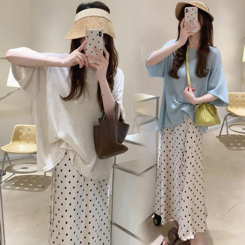 Maternity Summer Ice Silk Linen Knit Top + Satin Polka Dot Skirt Two-Piece Maternity Set